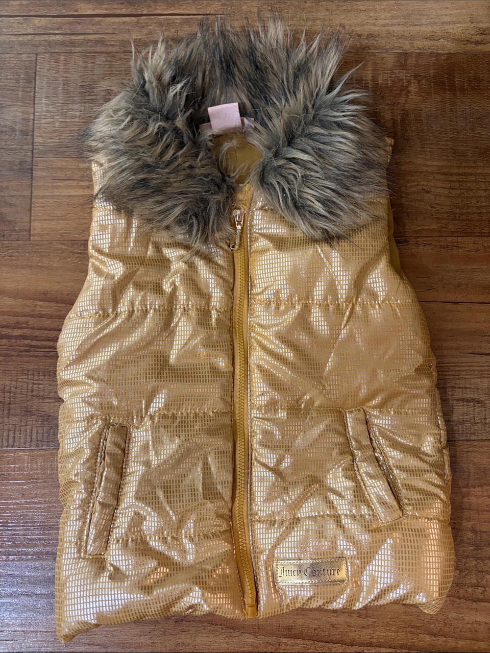 Juicy Couture Metallic Gold Girls' Puffer Vest with Faux Fur Trim